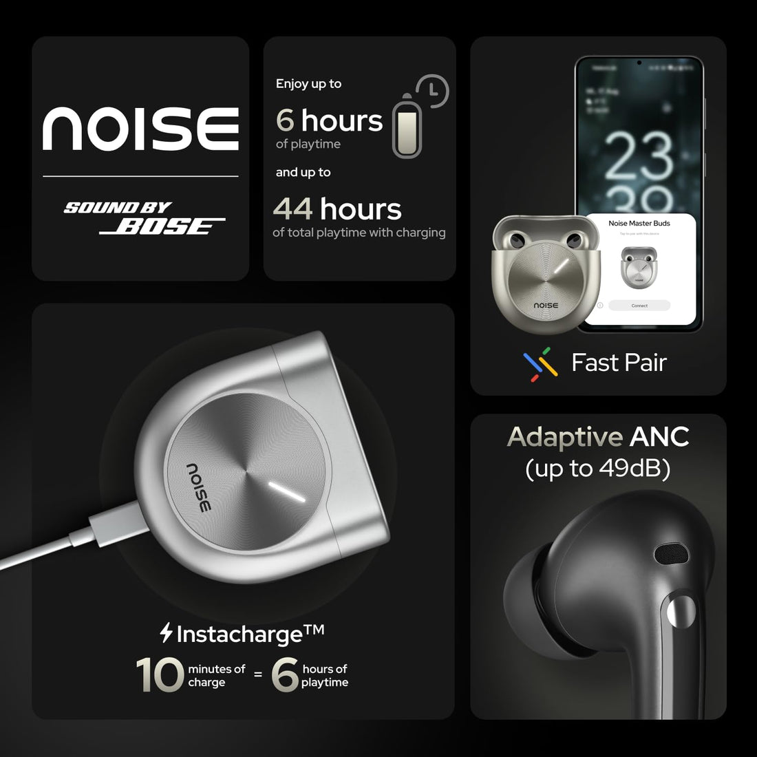 Noise Master Buds, Sound by Bose in-Ear Bluetooth Earbuds, Up to 49dB Adaptive ANC, LHDC 5.0, Immersive Spatial Audio, 44H Playtime with 6 mic ENC, Dual Pairing, IPX5 Ear Buds TWS (Titanium) Visit the Noise Store