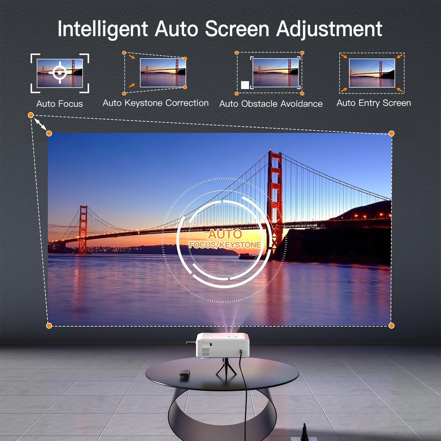 [Auto Focus & Keystone] Projector 4K Supported, XuanPad WiFi6 Bluetooth Native 1080P Smart Portable Projector, 50% Zoom, 22000L Outdoor/Home Cinema Projector with Tripod for iOS/Android/TV Stick
